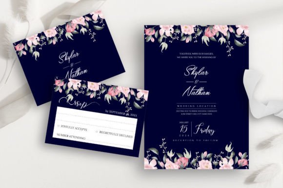 Navy Blue Floral Wedding Invitation Card & Elegant Watercolor Design